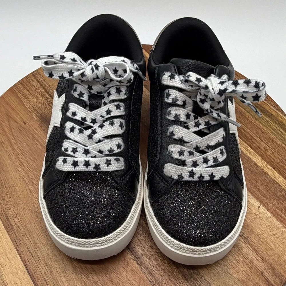 Art Class Girls Size 2 Black Glitter Star Sneakers Low Top Lace Up Shoes  0579